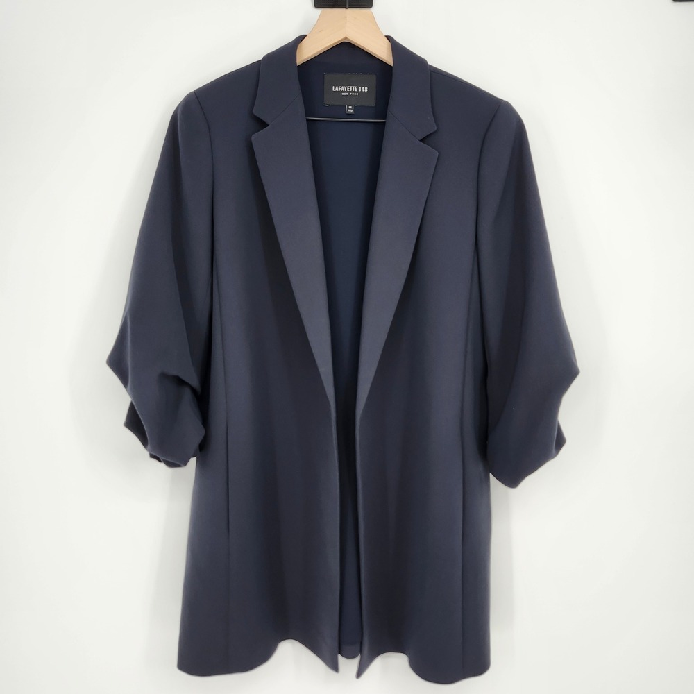 Lafayette 148 Womens Chic Ruched Sleeve Blazer Size M Modern Sophisticated Navy